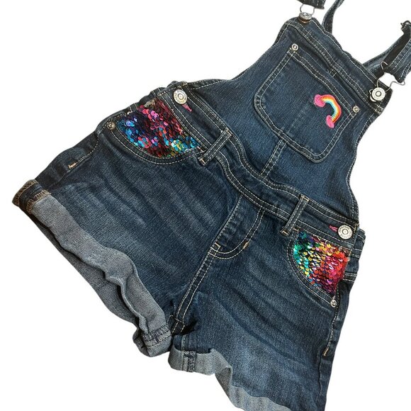 Vtg Jordache Kids Denim Bib Shortalls M(7/8) | Rainbow Sequin Pockets Embroidery - Picture 4 of 8